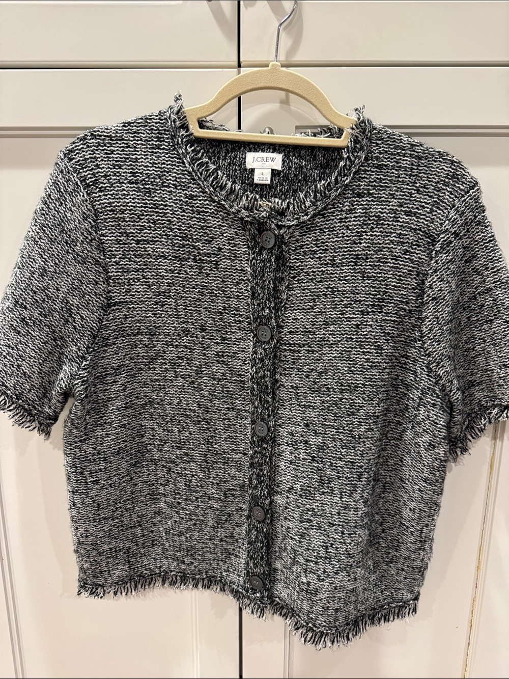 J. Crew Factory Black & White Marled Short-Sleeve Fringe-Trim Top